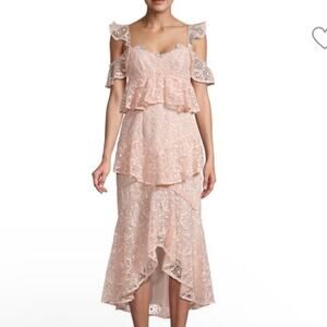 AMUR Hayden Dress in Blush Lace Ruffle Layered Sweatheart Tabk Off Shoulder ZZ